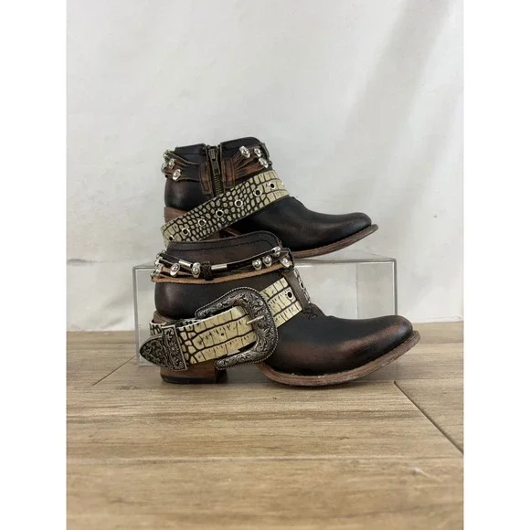 Old Gringo Women Brown Distressed Leather Studded Buckle Ankle Boots 4615 - Picture 2 of 10